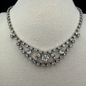 Vintage Clear Rhinestone Bib Choker Necklace 14” Silver Tone Bridal Prom